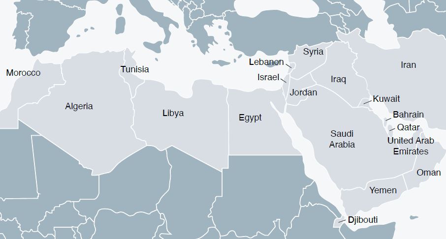 Map of the Middle East and North Africa with labelled countries